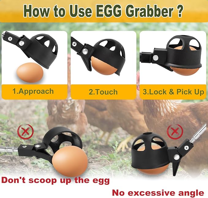 2Pcs Egg Grabber for Chicken Eggs, Extendable Egg Picker Tool with Ergonomic Handle, Stainless Steel Long Grabber Reacher for Coop, Poultry Nest, Farm & Outdoor Egg Collector