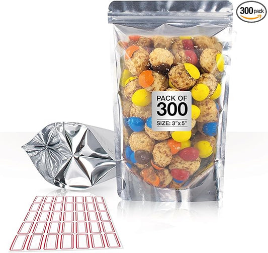 BELLE KR® 3x5 Small Mylar Bags for Freeze Dried Candy - Pack Of 300-4 Mil Thick - Clear Mylar Bags with See Through Window for Freeze Drying