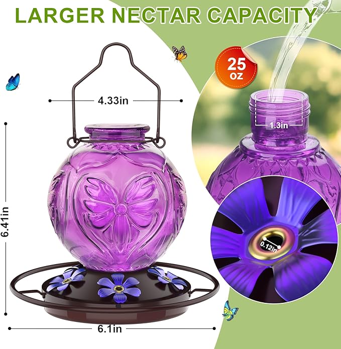 Glass Hummingbird Feeder for Outdoors Hanging, 25Oz Humming Bird Nectar Feeders with Perch & 5 Flower Feeding Ports, Leak Proof for Outside Garden Decor, Gifts for Women (Purple)