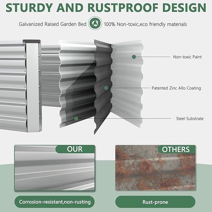 FOOWIN 2pcs 6x3x3ft Galvanized Raised Garden Bed, Planter Raised Garden Boxes Outdoor, Large Metal Raised Beds for Gardening, Garden Bed for Vegetables, Flowers, Herb, Silver