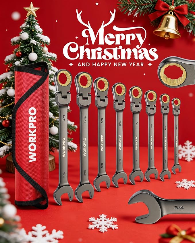 WORKPRO 8-piece Flex-Head Ratcheting Combination Wrench Set, SAE 5/16-3/4 in, 72-Teeth, CR-V Constructed, Nickel Plating with Organizer Bag