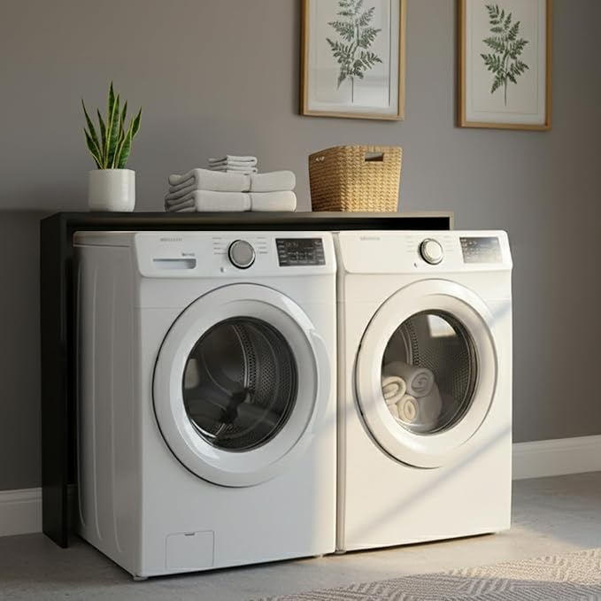 Over Washer and Dryer Shelf - Engineered Wood Laundry Room Organizer with Side Panels - Utility Topper for Storage, Folding Surface, Laundry Supplies, Detergent and Décor