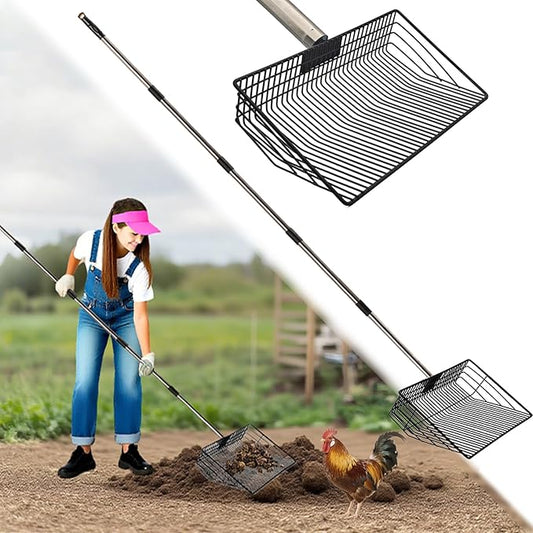10 Inch Chicken Pooper Scooper & Sifting Shovel with 5-Stage Adjustable Handle (27" to 67"),Stainless Steel Handle, Litter Sifting Shovel for Chicken Coop, Farm, Sheep Pen, Cat Litter