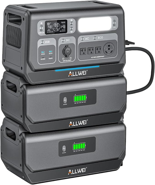ALLWEI 2400W Portable Power Station and 2x B200 PRO Expansion Battery, 6144Wh LiFePO4 Battery 4 AC Outlets Up to 2400W for Home Backup, Outdoor Camping, RV, with 1500W AC Charging&1200W Solar Charging
