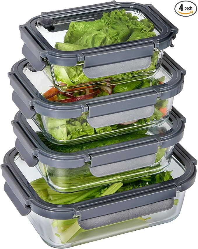 Glass Food Storage Containers with Glass Lids, 4 Pack Meal Prep Container with Airtight Lids, Microwave Safe Food Container Set, BPA Free, LeakProof, Ideal for Lunch