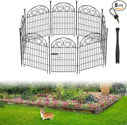 Tall Garden Fence Animal Barrier with Gate, 36 in(H) 8 Panels Garden Fences and Borders for Dogs, Dog Fence Outdoor for Yard, Total Length 17.5 Ft Metal Temporary Fencing│Patented