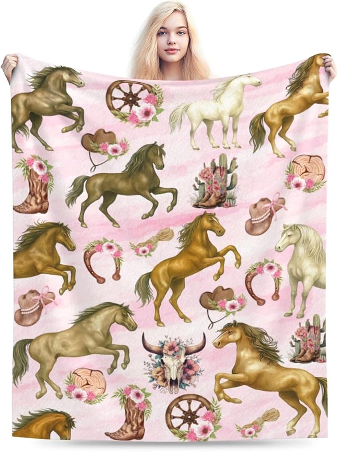 Western Cowgirl Throw Blanket Pink Cowgirl Horse Flannel Blankets Southwest Horses Plush Super Soft Cozy Warm Decor Gifts for Boys Girls Kids Adults Men Women 60" x 80"