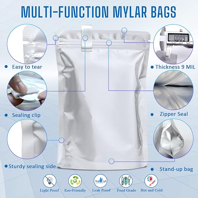 100 Pack Mylar Bags for Food Storage with 100x300cc Oxygen Absorbers - 9 Mil 10"x14", 9Mil 6"x9", 9Mil 4.3"x6.3" - Resealable Bags for Packaging Products & Ziplock Food Grade Bag for Storage