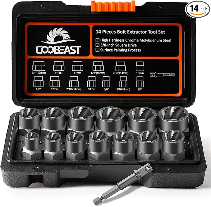 Bolt Extractor Set Heavy Duty, 13Pcs Bolt Extractor Kit with 3/8 Inch Adapter, Stripped Lug Nut Remover, Easy Out Bolt Remover Set for Rusted, Rounded, Damaged Nuts Screws