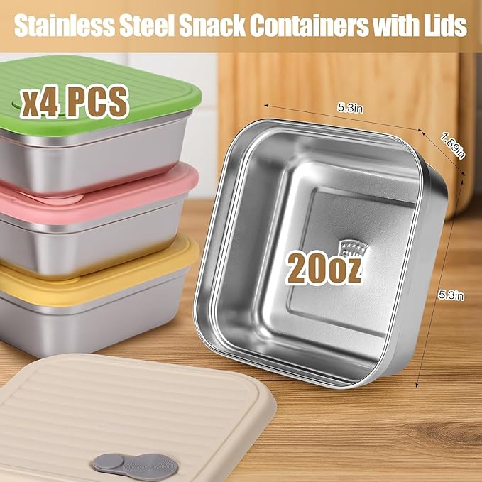 4PC Sandwich Containers, 20oz 304 Stainless Steel Sandwich Box with Lids, Reusable Metal Meal Prep Lunch Boxes, BPA-Free, Food Storage Containers for Snacks & Fruits