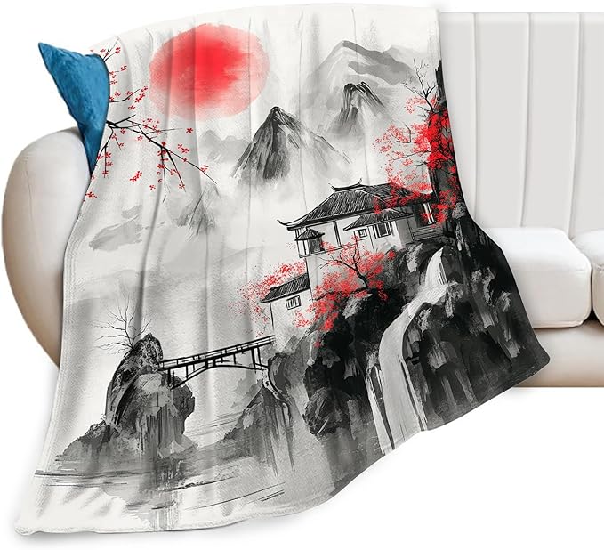 Japanese Throw Blanket Splash Red Cherry Blossom Gifts for Girls Women Men Boys Plush Cozy Flannel Fleece Fuzzy Landscape Blankets 50"X40"
