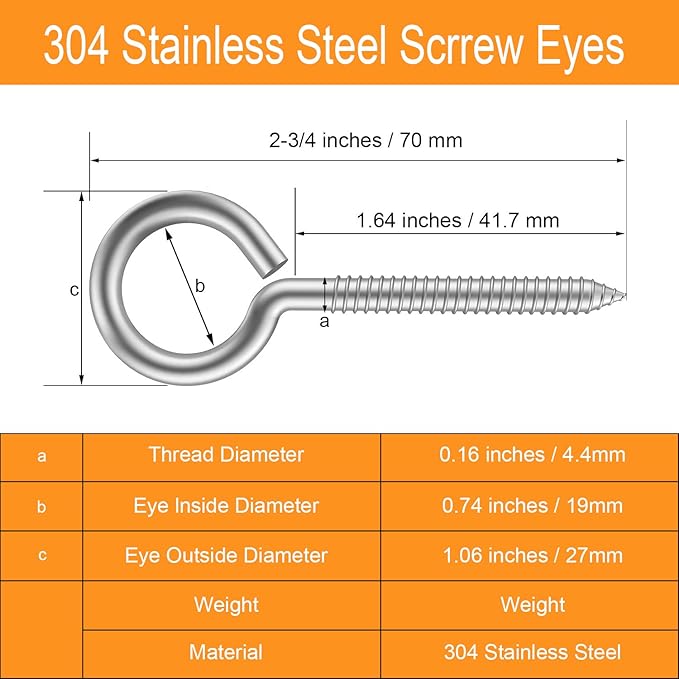 Pack of 20 Metal Hook Heavy-Duty Eye Screws, 304 Stainless Steel Screw Hooks, self-Tapping Eye Ring Bolt Hooks, Wood Terminal Eye Hole Hooks, Pendant Lights Wires, Strong Indoor