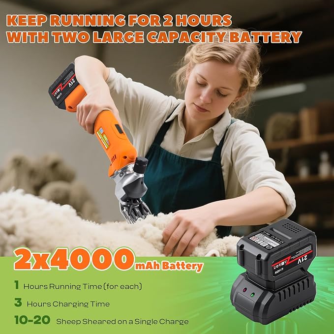 Sheep Shears Cordless 550W 2400RPM Rechargeable Sheep Clipper Professional Animal Clipper, 6-Speed Adjustable with 2x 4000mAh 21V Lithium Batteries for Sheep, Goat, Cattle, Livestock (110V, Orange)