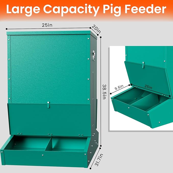 Pig Feeder, 4-Door Heavy Duty Galvanized Steel Hog Feeder,9 Bushels Capacity, Outdoor Pig Feeders with Visable Feed Design, Livestock Feeder for Barn, Farm, Feeding up to 20 Small Hogs, Green