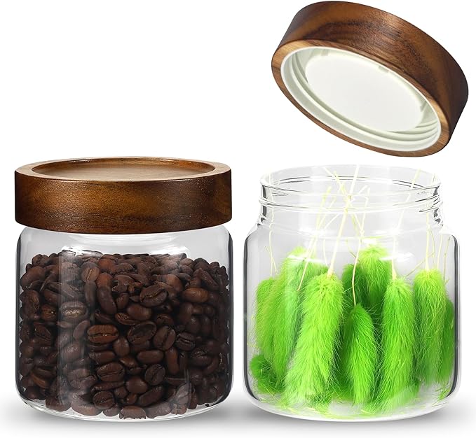 Glass Coffee Jars Spice Jar Round Storage Canister with Wooden Lid Clear Glass Food Jar for Pantry Sugar Tea Coffee Bean Spice Nuts Cookies Bath Salts (500ml/16oz-2pack)