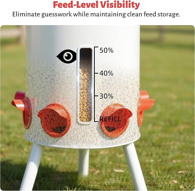 KOL 50 LB Large Free Standing Chicken Feeder, Portable Gravity Chicken Feeder Automatic, Dispenser, 8 Feeding Ports Poultry Feeder for Chicken Rooster & Hen (Jade White)