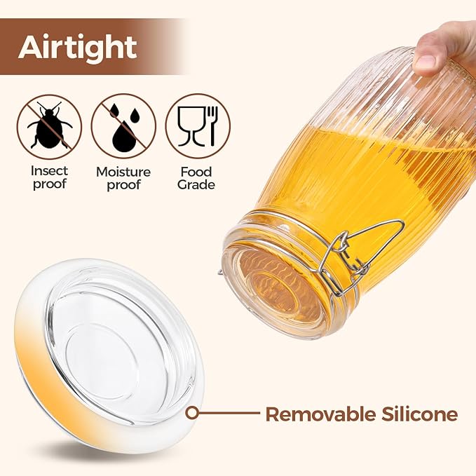 ComSaf Airtight Glass jar with lid 51oz Set of 3, Glass Storage Containers with Lids, Large Glass Canister, Striped Clip Fastening Jar for for Canning, Flour, Pasta,Coffee Beans, Cereal, Rice, Pickle
