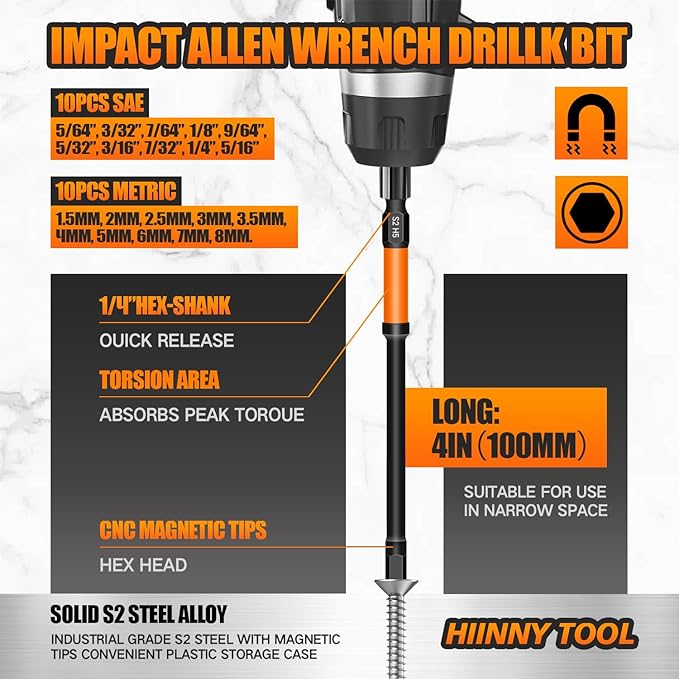 Impact Allen Wrench Drill Bit Set,20PCS 4" Long Hex Bit Set(Metric & SAE), 1/4" Hex-Shank S2 Steel,Impact Driver Bit Set, agnetic CNC Tips for Drill & Driver with Storage Box