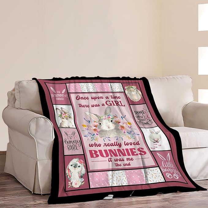 Rabbit Blanket Rabbits Throw Blanket Soft Fleece Flannel Bedding Bunny Gifts Just a Girl for Women Girls Lovers Adults Stuff Plush for Couch Sofa Bed Room Decor 50"X60"
