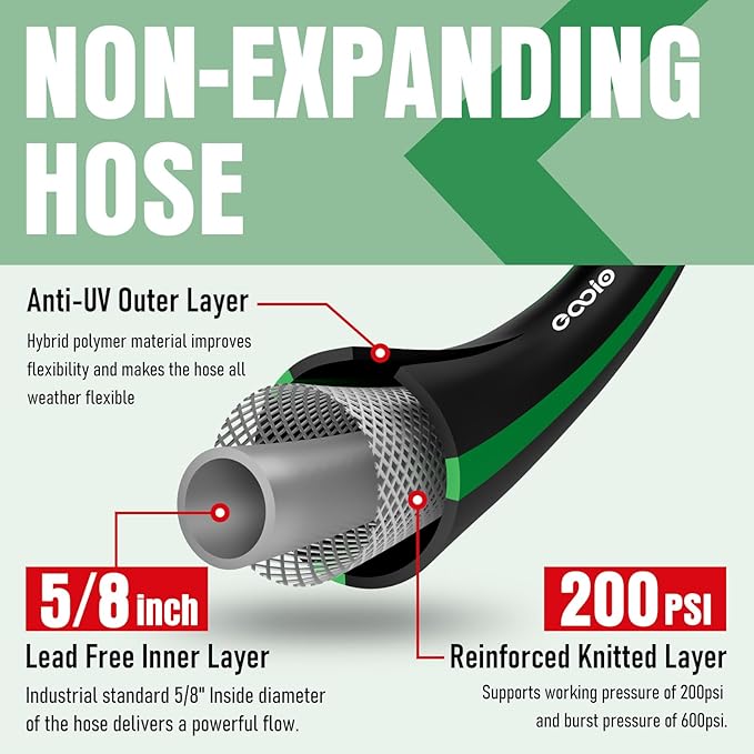 Garden Hose 25 ft with 10 Function Nozzle Sprayer, Heavy Duty Flexible Water Hose, No-Kink Lightweight Hybrid Hose, Leakproof Hose Male to Female Fittings