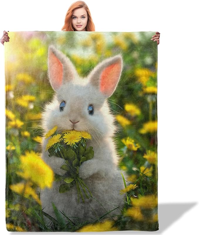 Cute Bunny in Flowers Pattern Throw Blanket 50"x60", Cute Animal Lover Blankets for Bedroom Decor, Soft Flannel Polyester Bunny Gifts for Women Kids