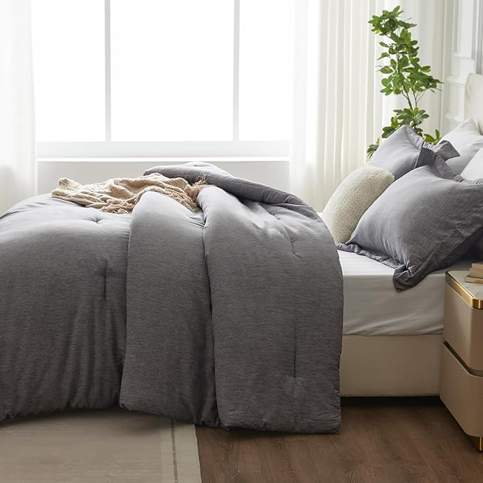 CozyLux Oversized Queen Comforter Set, 3 Pieces 98x98 Grey Soft Luxury Cationic Dyeing Bedding Set for All Season, Gray Breathable Fluffy Bed Sets with 1 Alternative Comforter and 2 Pillow Shams