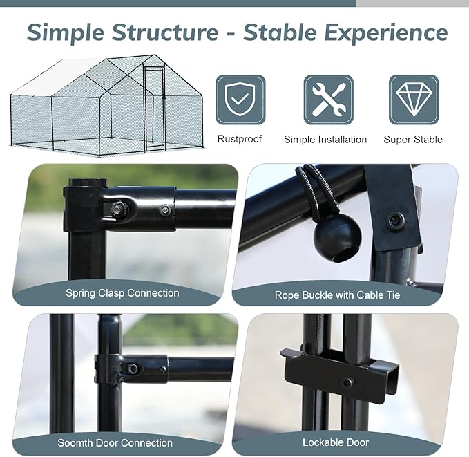 VINGLI Chicken Coop, Large Metal Poultry Cage for Chicken Run, Walk-in Chicken Pen with Waterproof & Anti-UV Cover Outdoor (Black-Spire Roof, 9.8 * 9.8 * 6.5 ft)