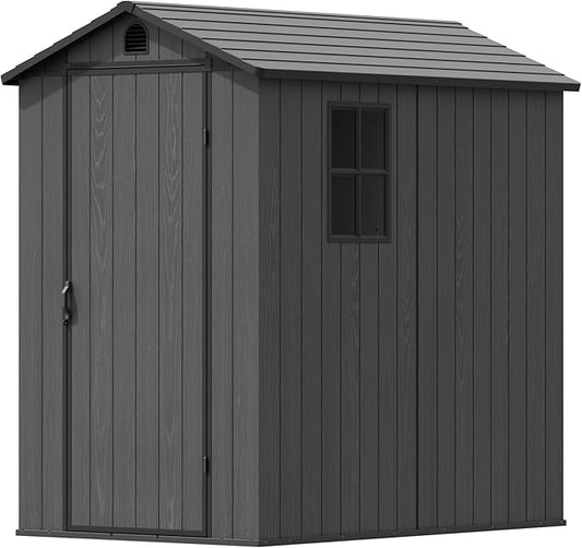 Devoko 4x6 FT Outdoor Storage Plastic Shed, Waterproof Resin Garden Shed with Lockable Door, Floor & Window, All-Weather Tool Shed for Backyard, Patio, Lawn, Poolside, Dark Gray