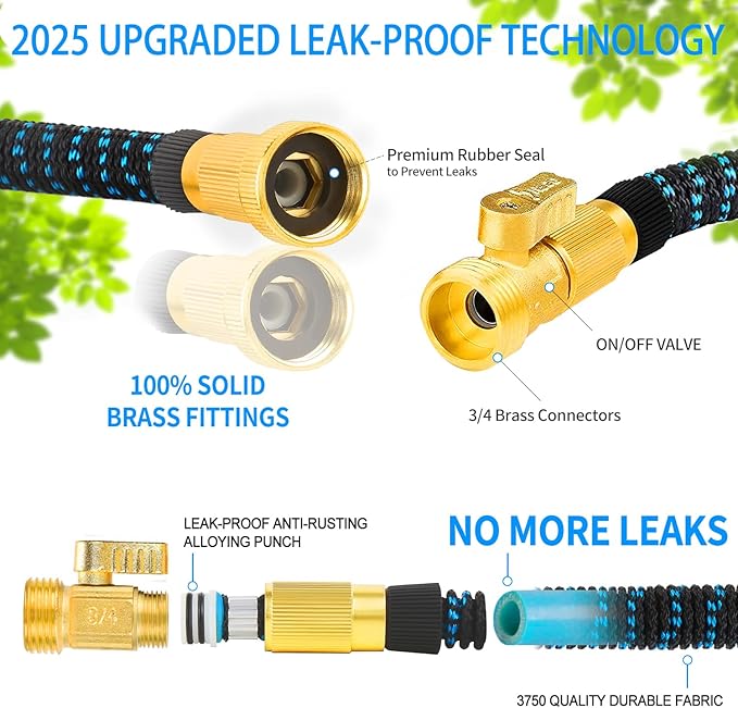50 ft Expandable Garden Hose - All New 2025 Retractable Water Hose with 3/4" Solid Brass Fittings, Extra Strength Fabric,4-Layer Latex Core - Flexible Expanding Hoses with 10 Pattern Spray Nozzle