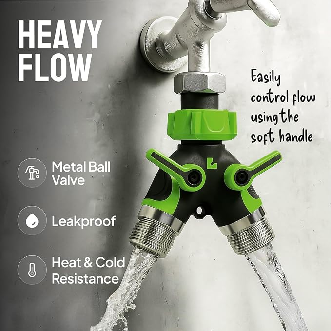 Garden Hose Splitter 2 Way Heavy Duty - Leakproof Full Metal Body Faucet Spigot Splitter