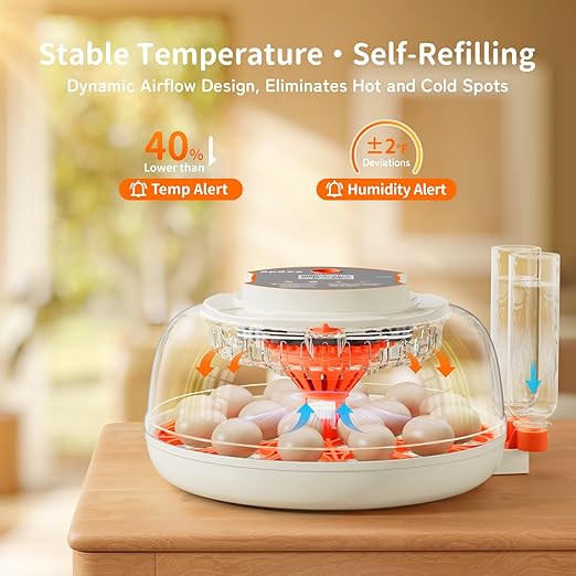 18 Egg Incubator, Automatic and Adjustable Egg Turning, Egg Candler, Temperature and Humidity Control, Hatch Day, 2 Size Egg Tray, Automatic Water Refill, Hatching Chicken Quail Duck Turkey Goose Bird