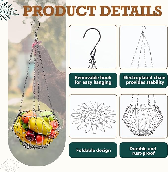 Patelai 3 Pack Hanging Chicken Feeder, 9.2in Large Vegetable Fruits Poultry Feeder Basket with Hanging Chains, Foldable Ducks Treat Dispenser Chicken Toys for Coop for Rabbits Hens, Black