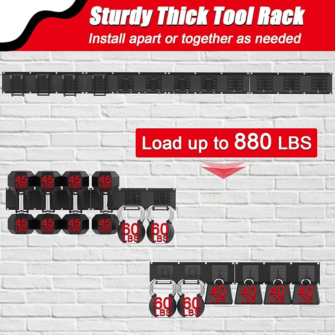 64 Inches Garage Organization, Wall Mount Garden Tool Organizer, 880lbs Adjustable Heavy Duty Metal Hanging Hooks, Garden Tool Storage Rack for Garage, Yard, and Shed (4 Racks, 12 Hooks)