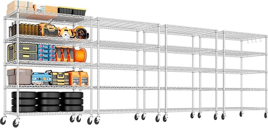 PrimeZone 5 Tier 48" Wx24''Dx81''H Wire Shelving with Wheels 3000lbs NSF Certified Storage Shelves Heavy Duty Metal Shelf Adjustable Rolling Rack Commercial Garage Restaurant Warehouse Chrome 4Pack
