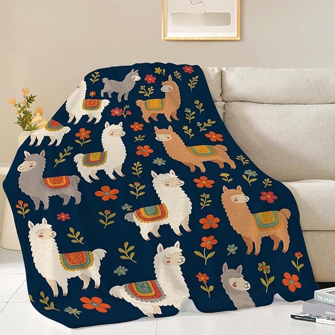 Llama Blanket, Alpaca Throw Blanket, Flower Gifts Blankets Stuff Fleece Flannel Plush for Girls Women Men Boys Lovers Adults Soft Bedding Gift for Sofa Bed Office Home Decor 80"x60"