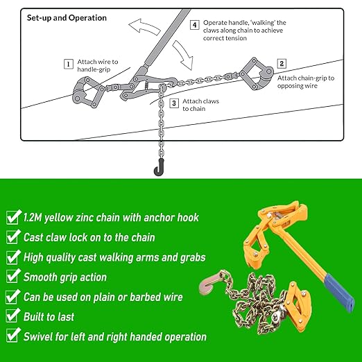Nisorpa Fence Stretcher Tensioner Chain Strainer Heavy Duty Fence Puller Energiser Repair Tool for Cattle Barn Farm Fencing Repair Plain & Barbed Wire Stretcher Tool 47.25'' Chain Capacity 2200lbs