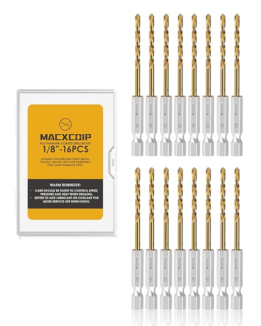 Hex Shank Drill Bit Set, 16Pcs 1/8" HSS Titanium Twist Drill Bit for Sheet Metal, Wood, Plastic, Quick Change Design