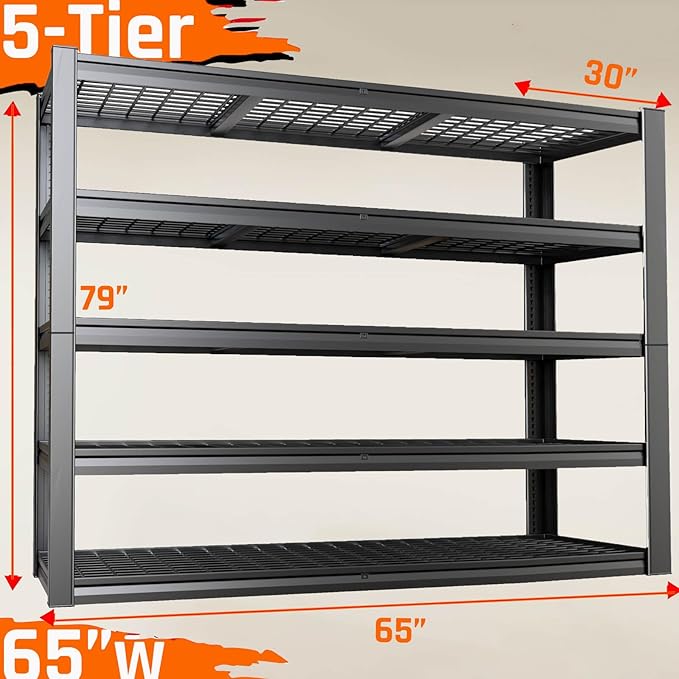 30" D Storage Shelves, 65" W Garage Shelving Heavy Duty Metal Adjustable Garage Shelves, 5 Tier Shelving Units Industrial Shelving for Warehouse, 65" W x 30" D x 79" H