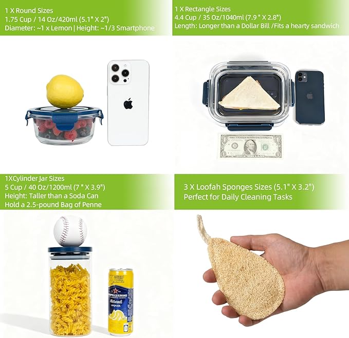 AURADYNE Glass Food Storage Containers with Lids, 3 Borosilicate Meal Prep Containers Reusable (5, 4.4, & 1.75 Cup), 6 Cotton Pot Holder Trivets, 3 Natural Loofah Sponges Lunch Oven Safe/Freezer/Clean