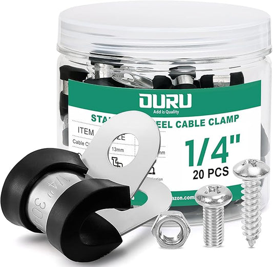20PCS 1/4 Inch Cable Clamps with 45PCS Screws Assortment Kit 304 Stainless Steel Rubber Cushioned Insulated Cable Clamp, Automotive Wire Pipe Clamps(6mm)