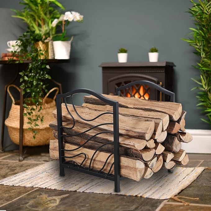 GREEN PARTY 17 Inch Small Firewood Rack Indoor/Outdoor Metal Firewood Holder, Decorative Fire Log Holder for Fireplace,Fire Pit,Heavy Duty Wood Rack,Wood Stove Accessories, 17" L X 13.3" W X 16" H