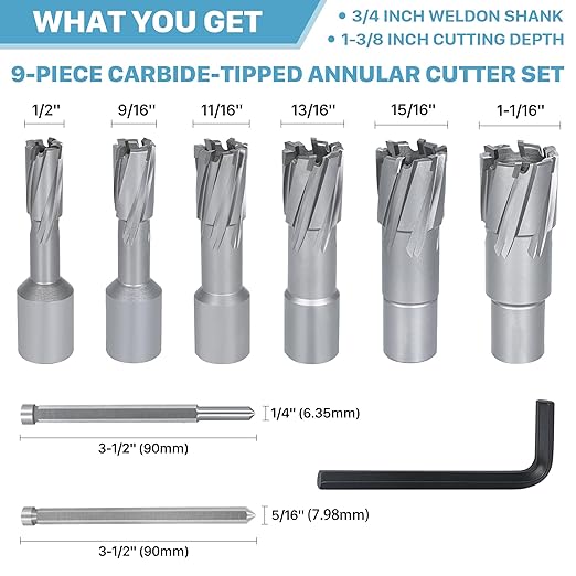 KEENTECH 9-PC Carbide-Tipped Annular Cutter Set, 1/2" to 1-1/16" Cutting Diameter, 1-3/8" Cutting Depth, 1/4" Weldon Shank Mag Drill Bits Kit, 2pcs Pilot Pins& 1pc Hex Wrench Included