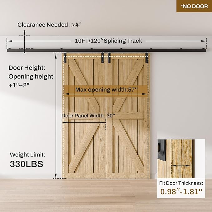 10FT/120'' Box Rail Sliding Barn Door Hardware Kit Aluminium Alloy Wall Mount, Smooth and Heavy Duty for Double Door (NO Door Panel)