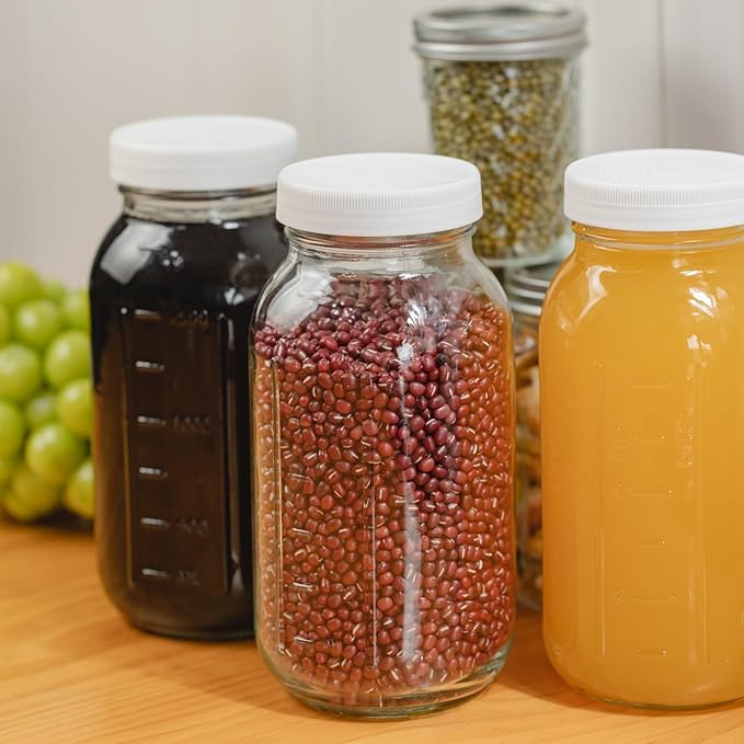 3 Pack 64 oz Clear Wide Mouth Mason Jars with Airtight Lids and White Plastic Mason Jar Lids,Half Gallon Jars, Canning Jars
