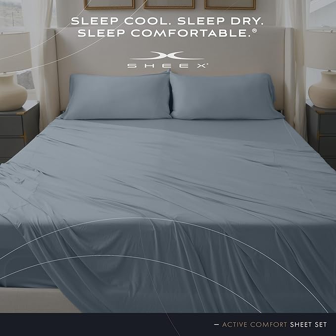 SHEEX - Active Comfort Cooling Sheets Set (King/California King) Blue Sky - Moisture Wicking - 1 Flat Cooling Sheet, 1 Fitted Cooling Sheet, 2 Cooling Pillow Covers - Wrinkle Free - Sleep Aid