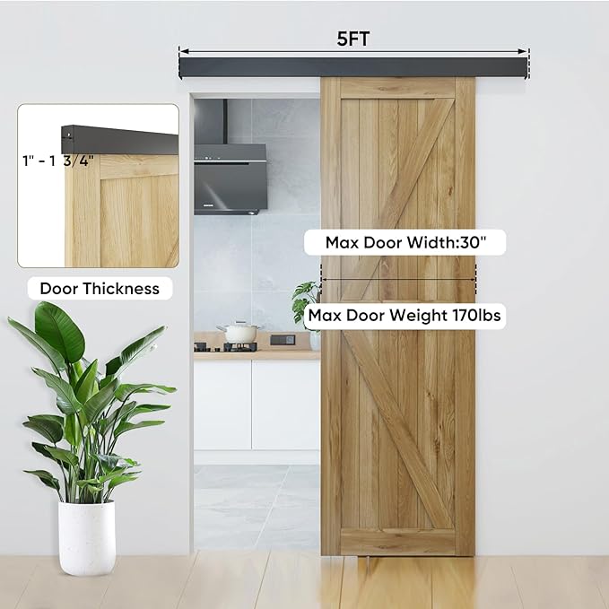 JUBEST 5FT Sliding Barn Door Hardware Track Kit, Aluminium Alloy Box Rail Hardware for Classic Modern Interior Single Wooden Door,Low Clearance,Black