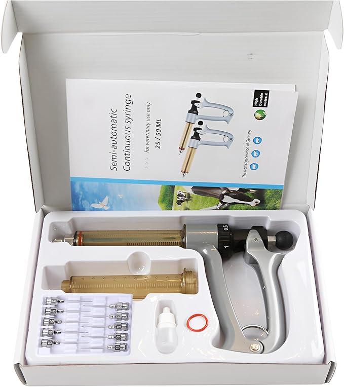 25ML Livestock Syringe Gun, 5 Gears Adjustable Continuous Repeating Luer Lock Syringe with 10 Needles, for Chickens, Ducks, Goose, Pig Bull Sheep, Large And Small Animals