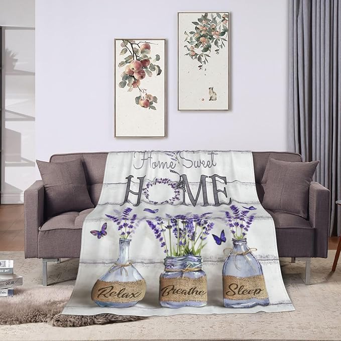 Farmhouse Floral Blanket for Women Girls Ultra Soft Cozy Lavender Flower Throw Blanket Fleece Fuzzy Plush Bedding Blanket Purple Flower Gifts for Women Girls Kids Adults Couch Sofa 50"x40"