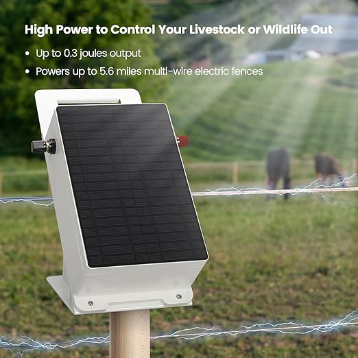 Solar Fence Charger, Briidea 5.6 Miles Solar Electric Fence Charger, 0.3 Joules, Easy to Carry & Install, Protect Your Livestock Garden Pasture from Wildlife, IP66 Waterproof, Save Your Money