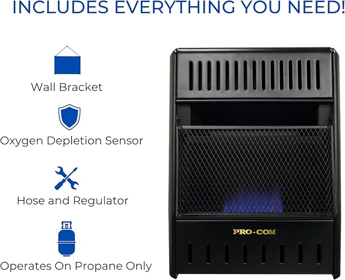 ProCom ML100TBAHR Ventless Propane Gas Blue Flame Space Heater with Thermostat Control for Living Room, Bedroom, Home Office, 10000 BTU, Heats Up to 300 Sq. Ft., Includes Wall Mount, Black